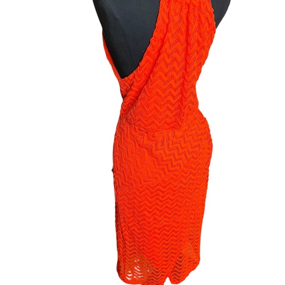 New! MADDEN NYC Adjustable Halter Chevron Lace Texture Orange Midi Dress Large - Picture 4 of 12